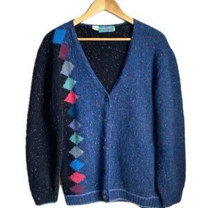 VTG COLOURS Alexander Julian Wool Color Block Cardigan Size L Artsy Abstract 90s